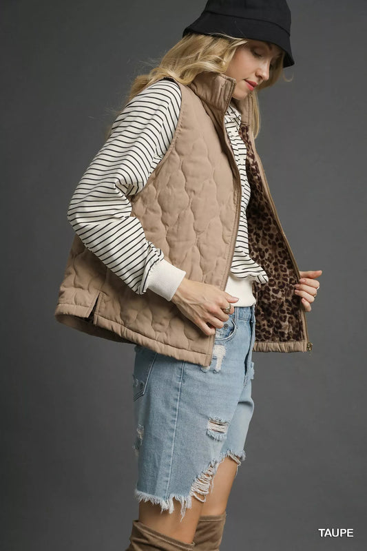 Taupe Color Quilted Zip-Up Vest - Tigbul's Variety Fashion Shop