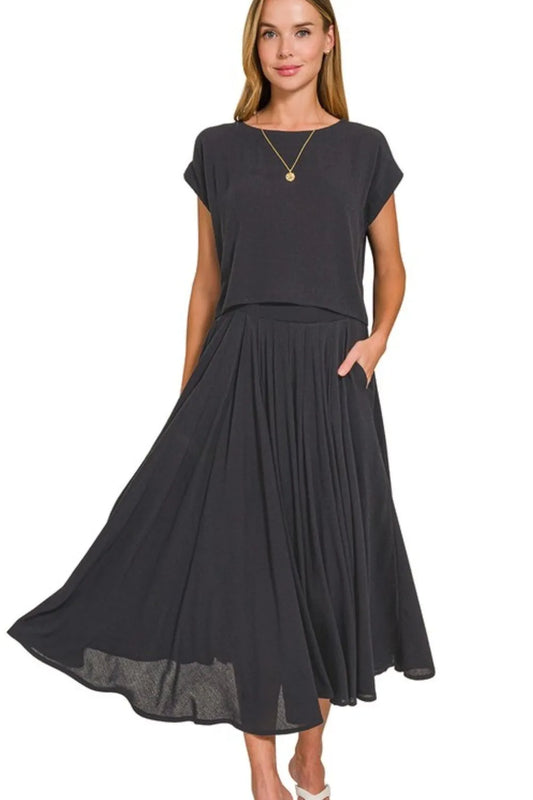 Black Woven Crinkle Gauze Crop Tee and Skirt Set - Tigbul's Variety Fashion Shop