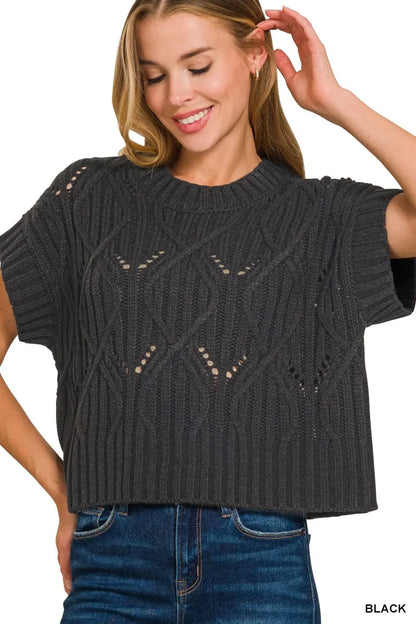 Zenana Cable Knit Short Sleeve Sweater - Tigbul's Variety Fashion Shop