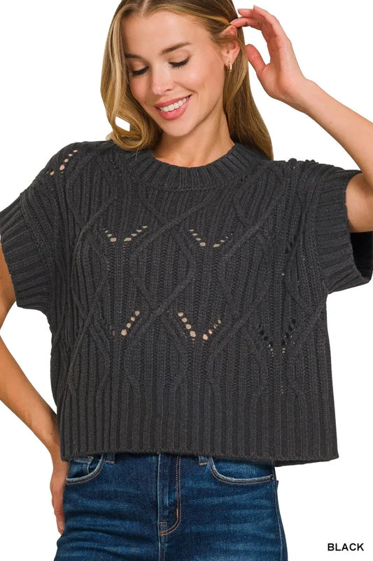 Zenana Cable Knit Short Sleeve Sweater - Tigbul's Variety Fashion Shop