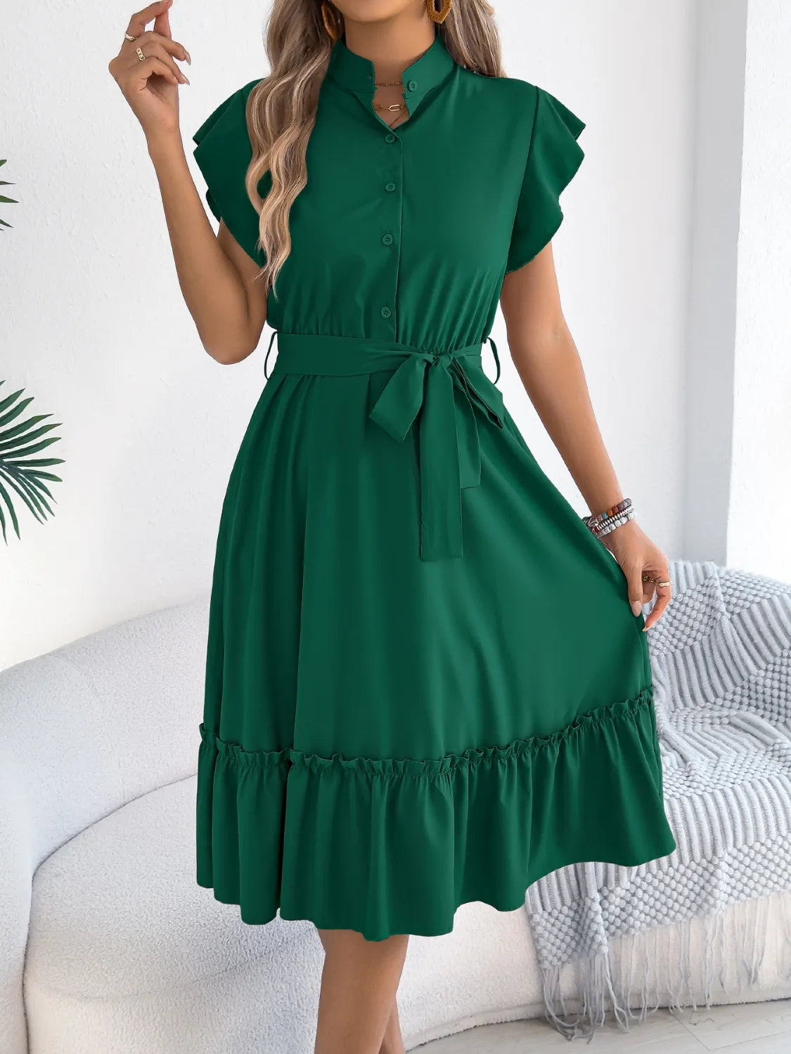 Tie Waist Ruffled Cap Sleeve Dress - Tigbul's Variety Fashion Shop