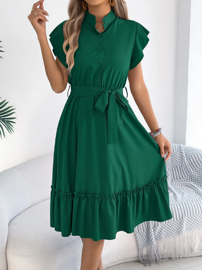 Tie Waist Ruffled Cap Sleeve Dress - Tigbul's Variety Fashion Shop