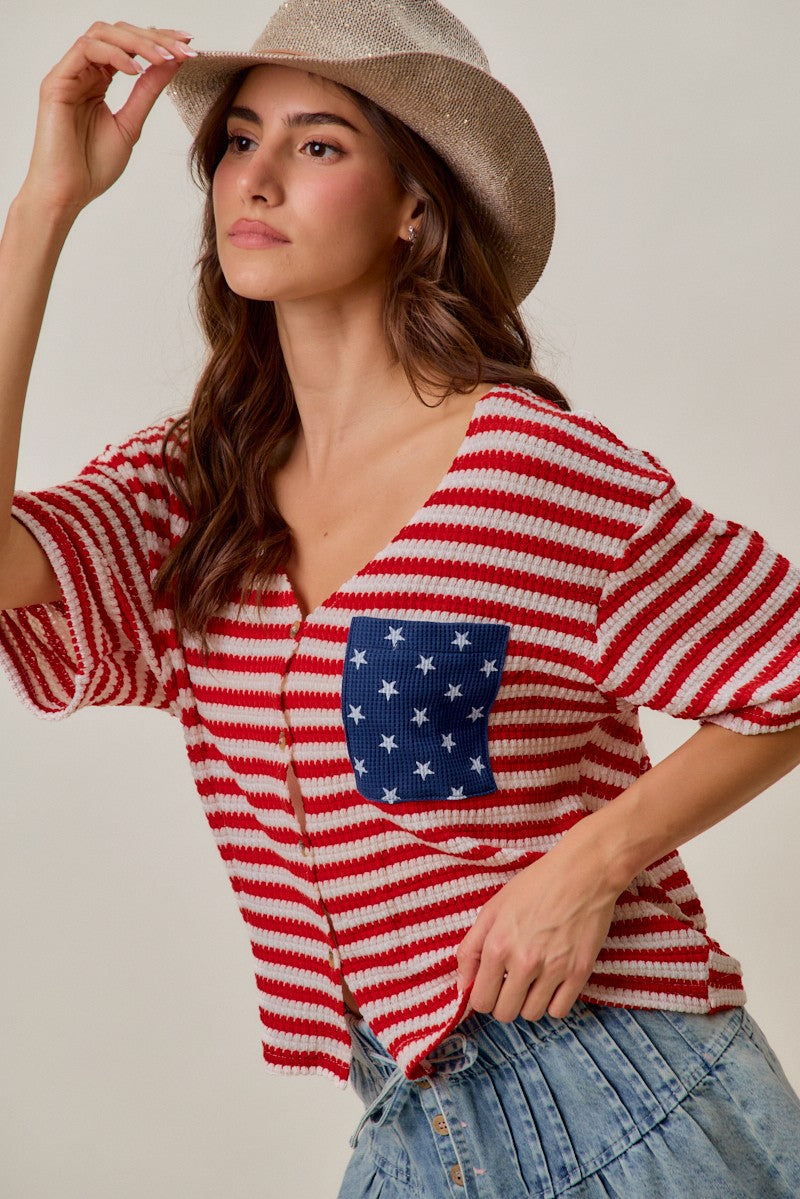 Fourth of July cardigan top in red-and-ivory stripes with blue star patch pocket