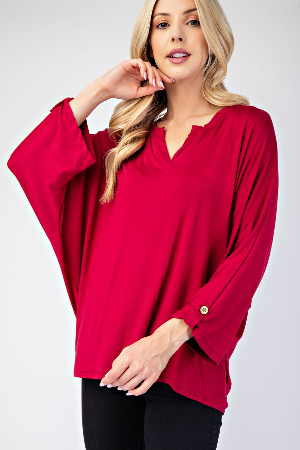 Celeste Full Size Notched Three-Quarter Sleeve Blouse - Tigbul's Variety Fashion Shop