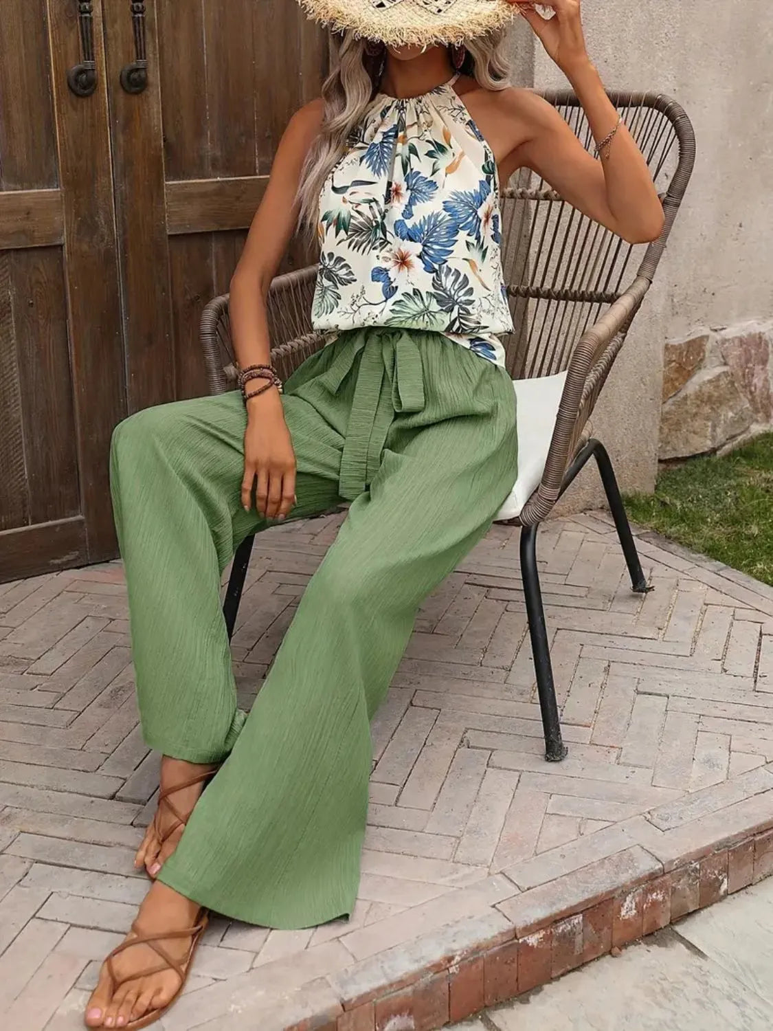 Printed Tank Top and Wide Leg Pants Set - Tigbul's Variety Fashion Shop