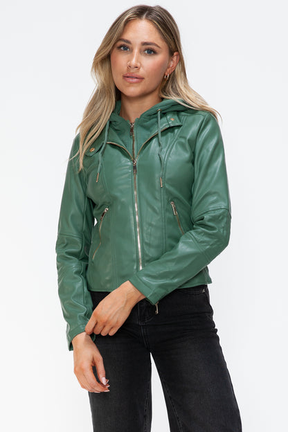 Faux Leather Zip Up Drawstring Hooded Jacket in Sage Green