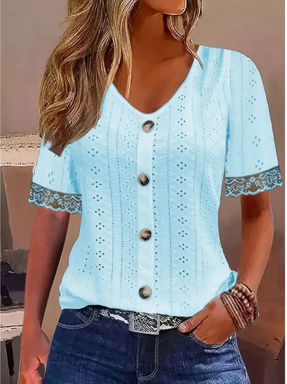 Eyelet Lace Trim Short Sleeve Blouse - Tigbul's Variety Fashion Shop