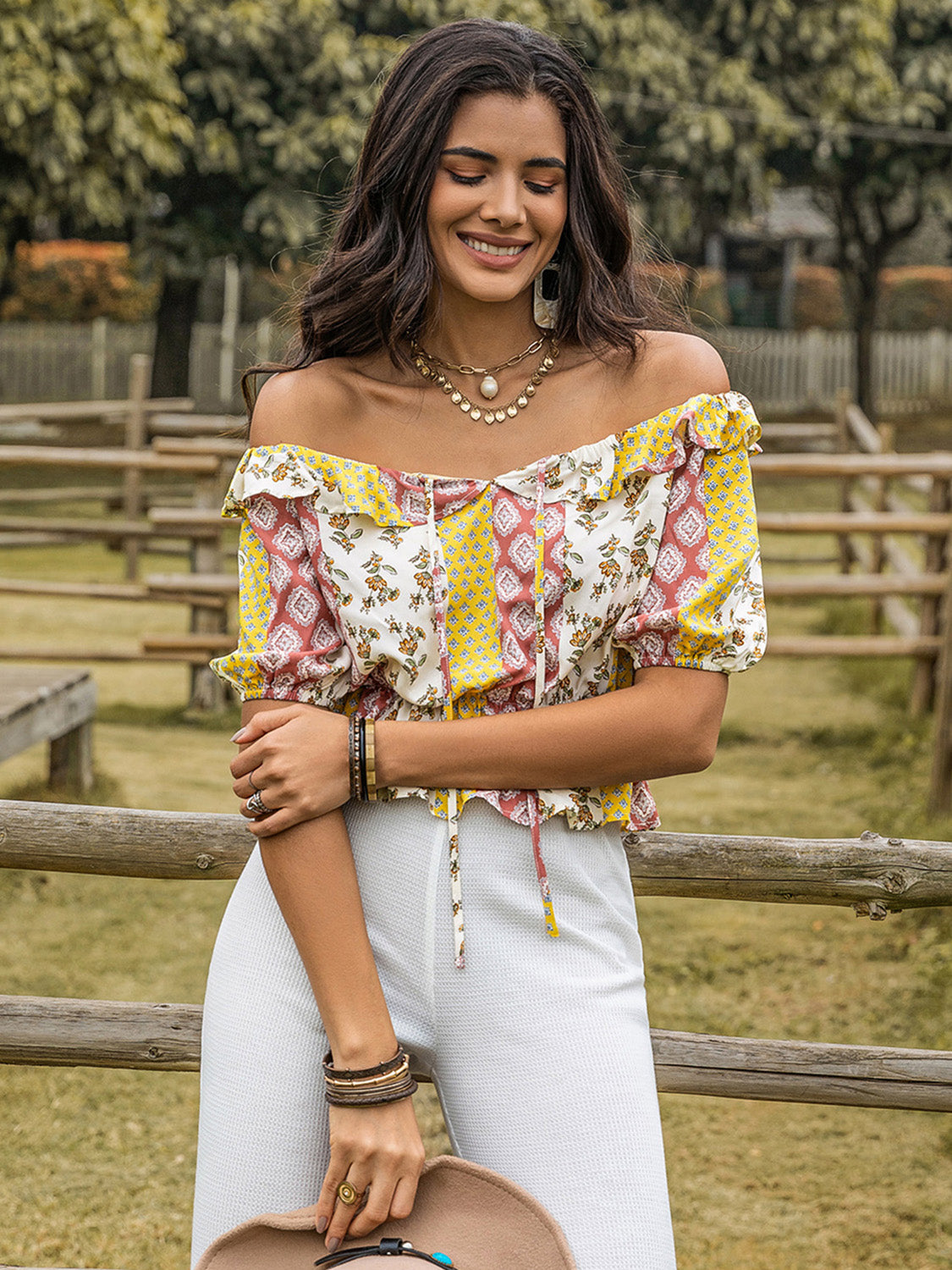 Ruffled Printed Off-Shoulder Short Sleeve Blouse - Tigbul's Variety Fashion Shop