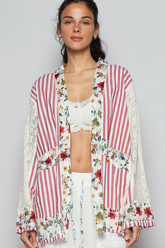 POL Lace Long Sleeve Striped Cardigan with Floral Patchwork Detail - Tigbul's Variety Fashion Shop