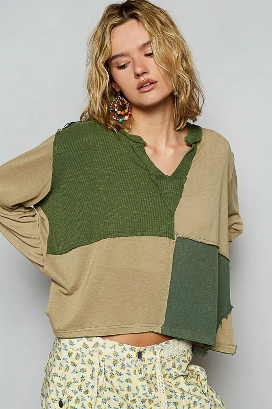 POL Color Block Notched Long Sleeve T-Shirt - Tigbul's Variety Fashion Shop