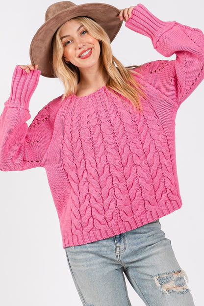 SAGE + FIG Cable-Knit Long Sleeve Sweater - Tigbul's Variety Fashion Shop