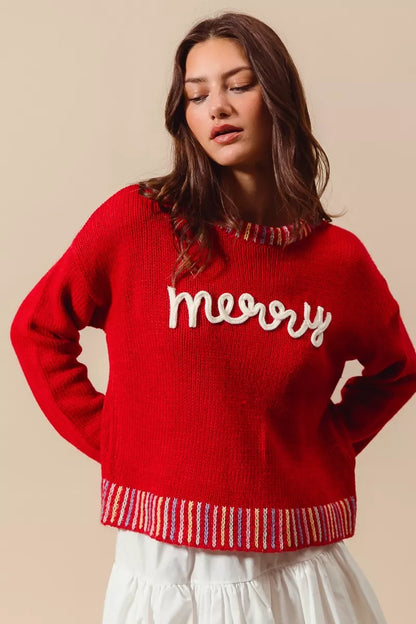 SO ME Merry Lettering Embroidered Christmas Sweater - Tigbul's Variety Fashion Shop