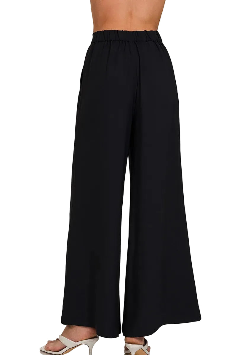 Black Relaxed Fit Elastic Waisted Wide Leg Pants - Tigbul's Variety Fashion Shop