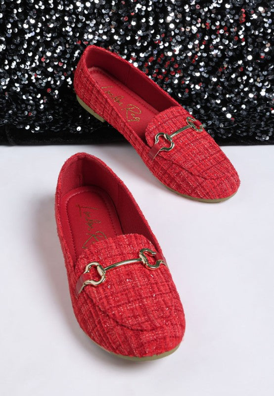 Red tweed horsebit loafers, rounded toe, gold metal bit detail