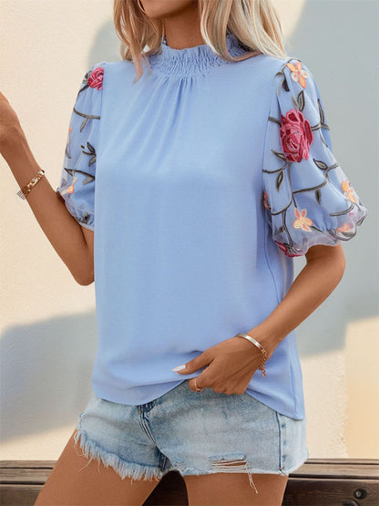 Embroidered Mock Neck Puff Sleeve Blouse - Tigbul's Variety Fashion Shop