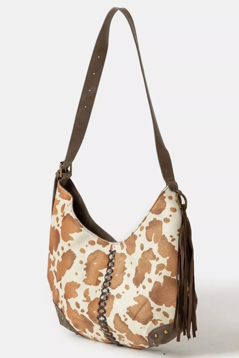 Fame Cow Print Hobo Shoulder Bag with Studded Details - Tigbul's Variety Fashion Shop