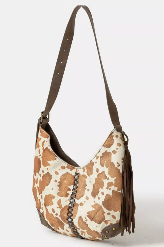 Fame Cow Print Hobo Shoulder Bag with Studded Details - Tigbul's Variety Fashion Shop