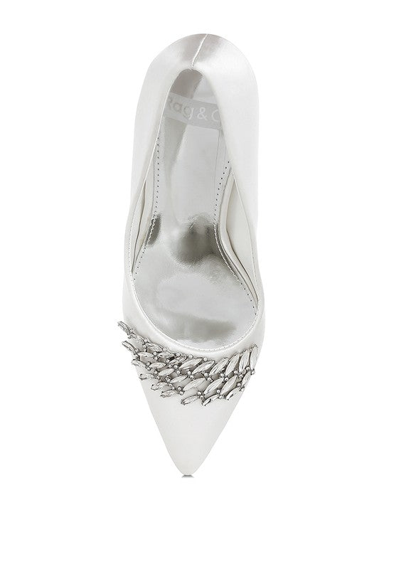 Rhodolia Diamante Brooch Detail Satin Pumps - Tigbul's Variety Fashion Shop