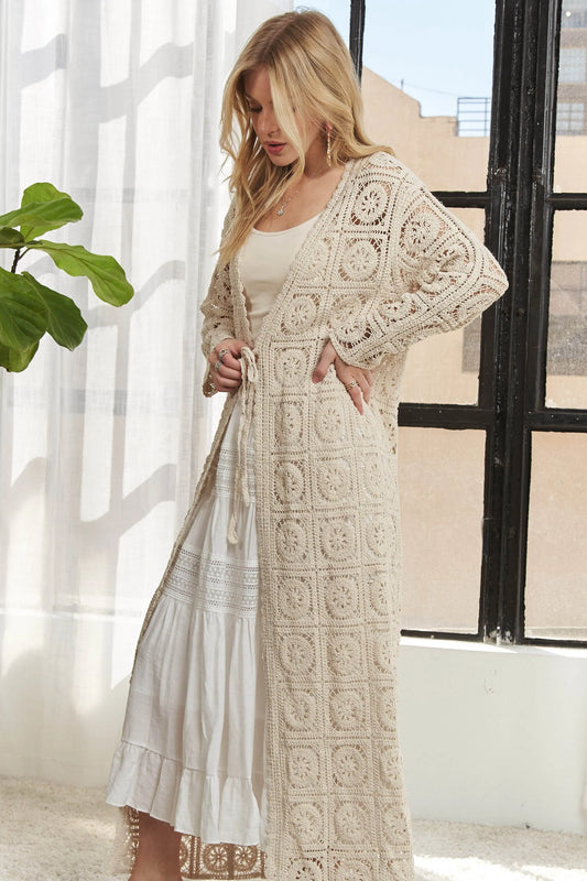 Long Sleeves Crochet Elastic Beige Cardigan - Tigbul's Variety Fashion Shop