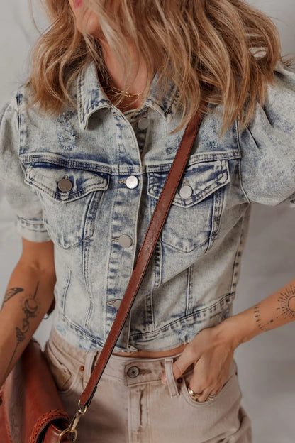 Wash Buttoned Chest Pocket Puff Sleeve Denim Jacket - Tigbul's Variety Fashion Shop