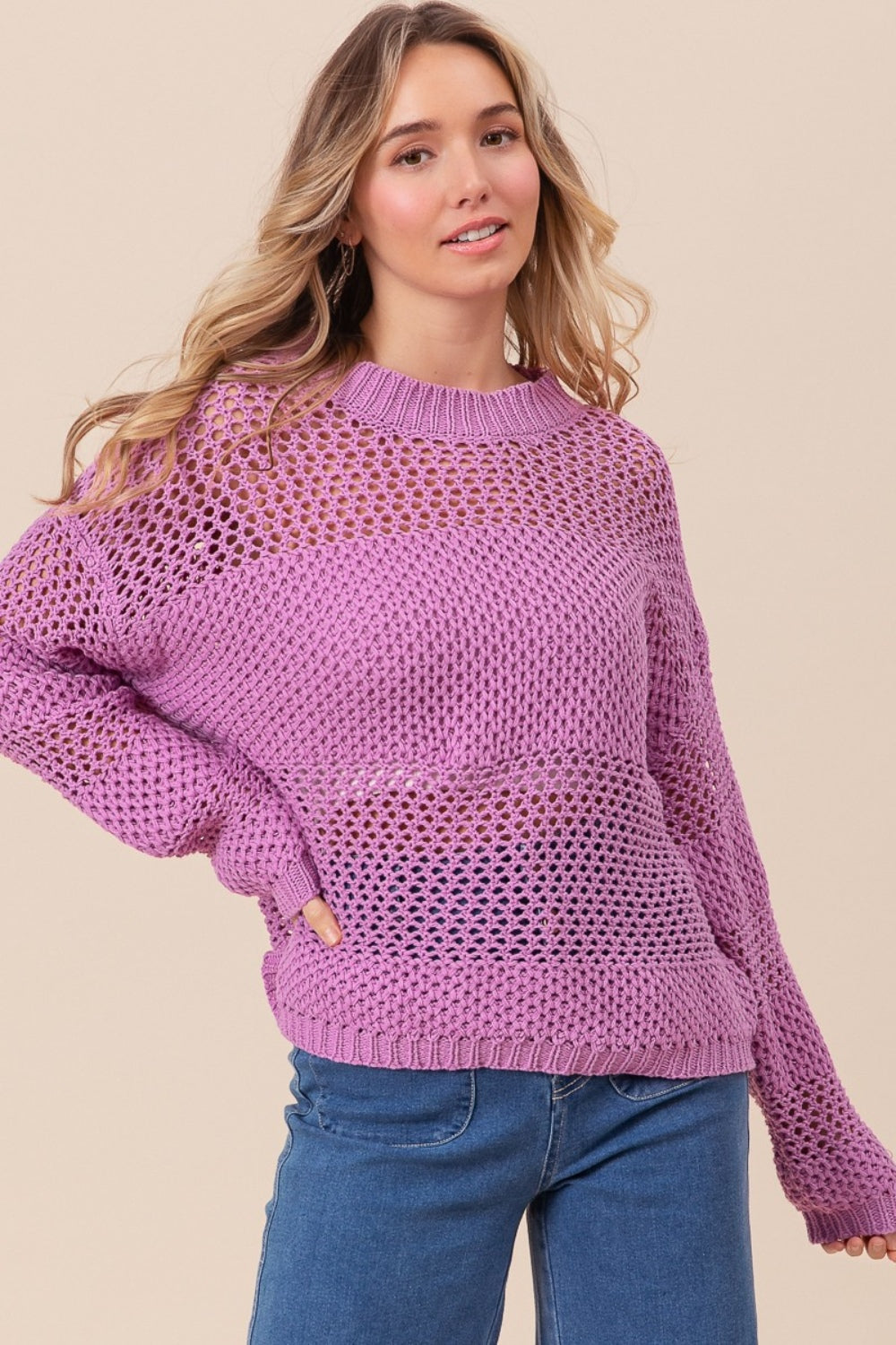 BiBi Openwork Long Sleeve Knit Top - Tigbul's Variety Fashion Shop