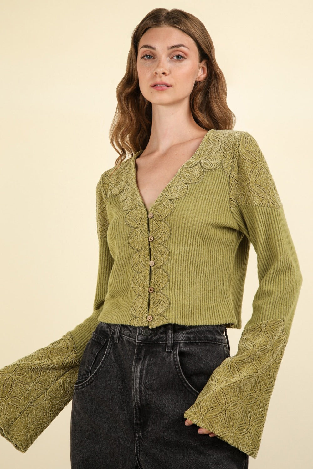 VERY J V-Neck Lace Detail Button Down Crop Ribbed Knit Top - Tigbul's Variety Fashion Shop