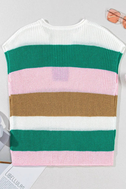 Color Block Notched Cap Sleeve Knit Top - Tigbul's Variety Fashion Shop