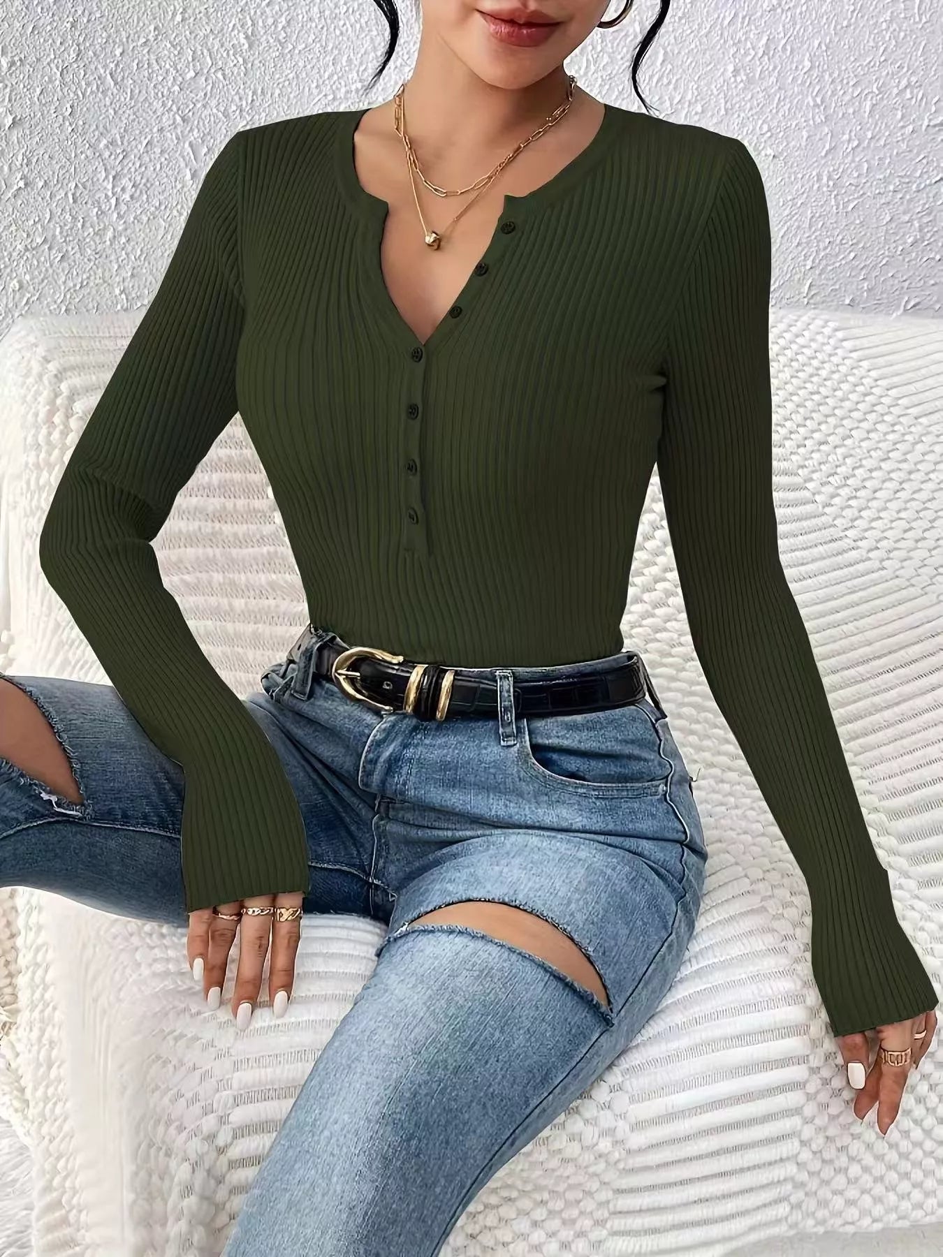 Ribbed Knit Button Front Knit Top - Tigbul's Variety Fashion Shop