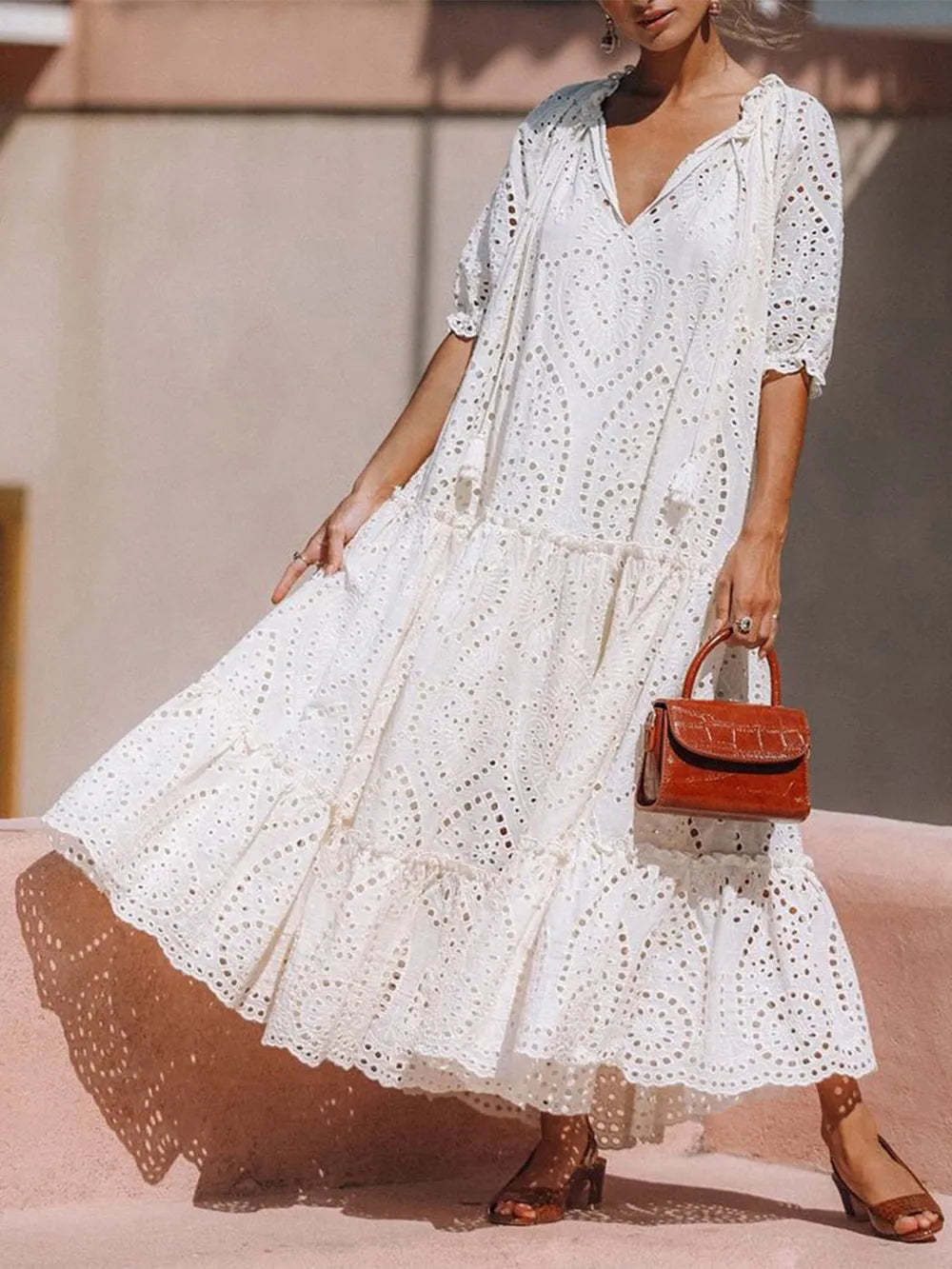Tie Neck Half Sleeve Tiered Dress - Tigbul's Variety Fashion Shop