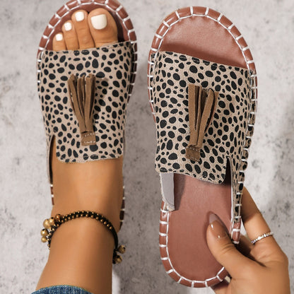 Fringe Leopard Open Toe Sandals - Tigbul's Variety Fashion Shop