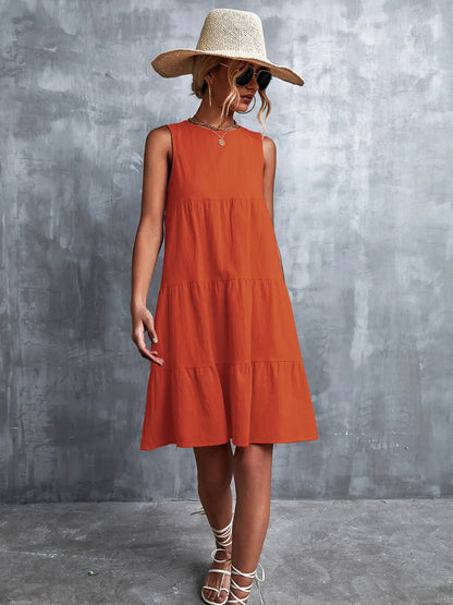 Tiered Round Neck Sleeveless Mini Tank Dress - Tigbul's Variety Fashion Shop