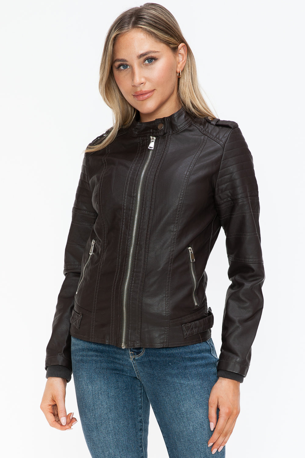 Brown PU Leather Biker Jacket with Side Zip Pockets