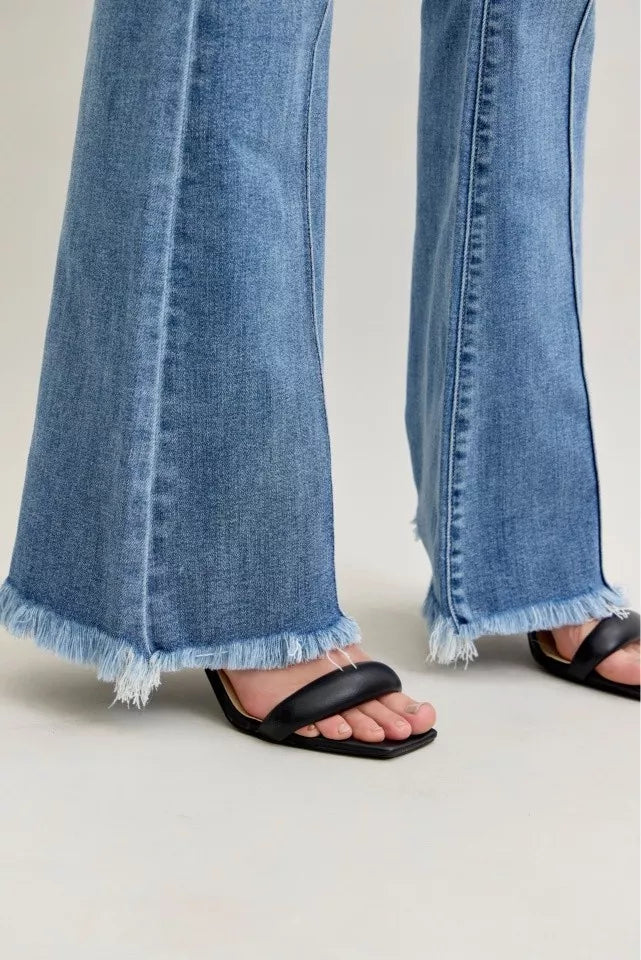 Judy Blue High Waist Flare Fray Hem Jeans with Front Pintuck Detail - Tigbul's Variety Fashion Shop