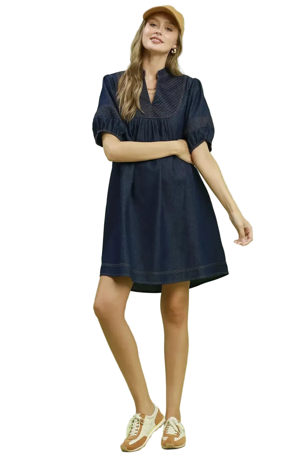 Indigo blue puff-sleeve mini dress with V-neck and gathered skirt