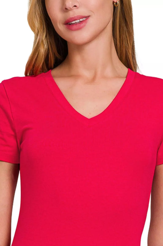 Zenana Basic Cotton V-Neck Short Sleeve T-Shirt - Tigbul's Variety Fashion Shop
