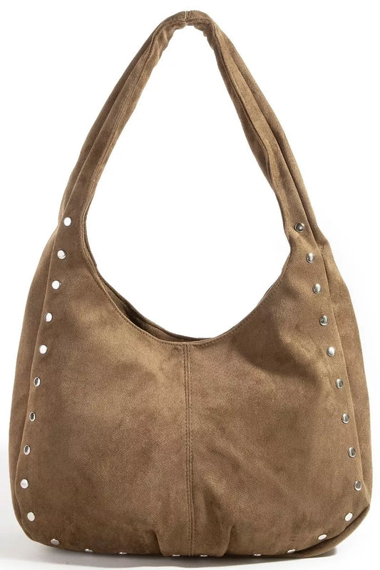 Faux Suede Studded Trim Hobo Bag | Tigbuls Variety Fashion Shop