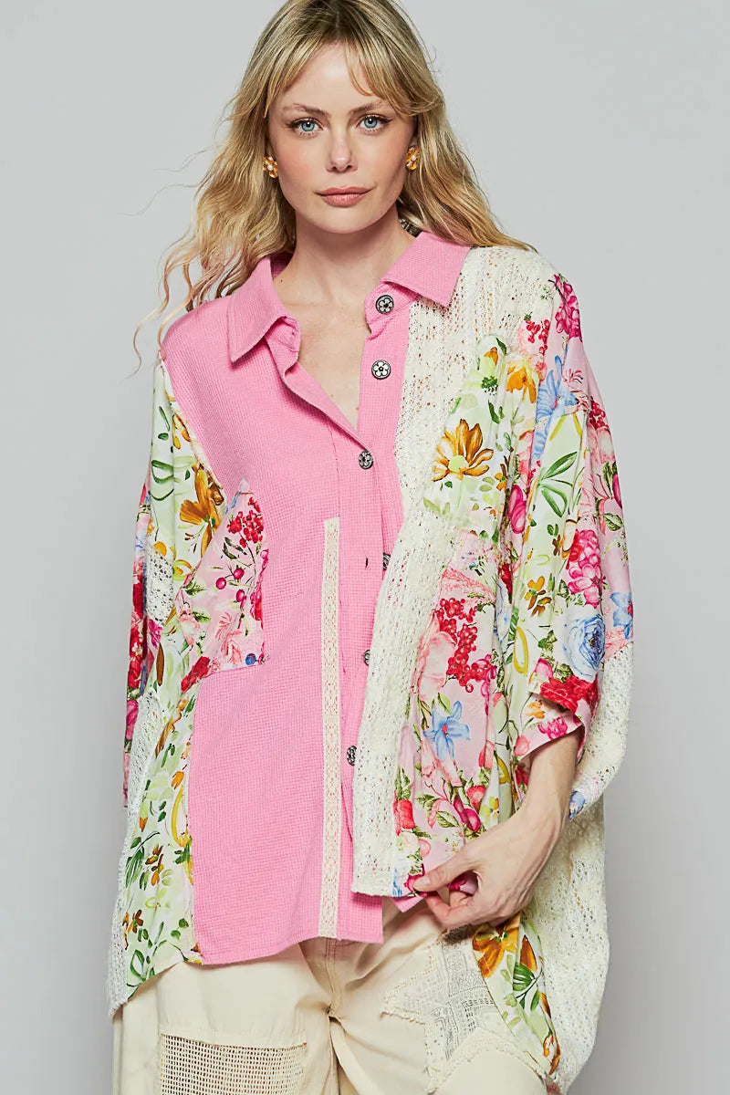 POL Thermal and Crochet Lace Mix Shirt with Floral Pattern - Tigbul's Variety Fashion Shop