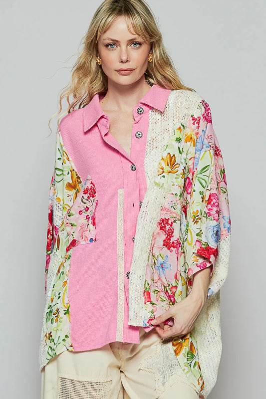 POL Thermal and Crochet Lace Mix Shirt with Floral Pattern - Tigbul's Variety Fashion Shop