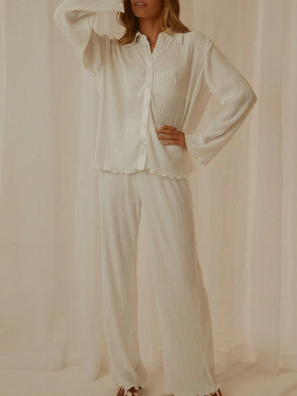 Button Up Long Sleeve Top and Pants Set - Tigbul's Variety Fashion Shop