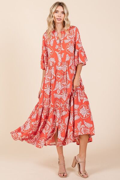 Orange-Red Abstract Leaf Print Tiered Ruffle Dress - Tigbul's Variety Fashion Shop