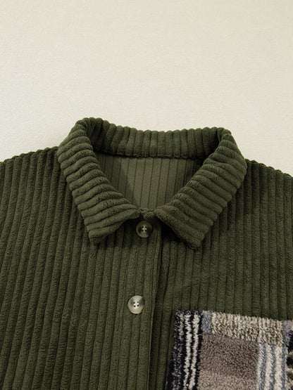Ribbed Fleece Plaid Print Patchwork Button Up Jacket - Tigbul's Variety Fashion Shop