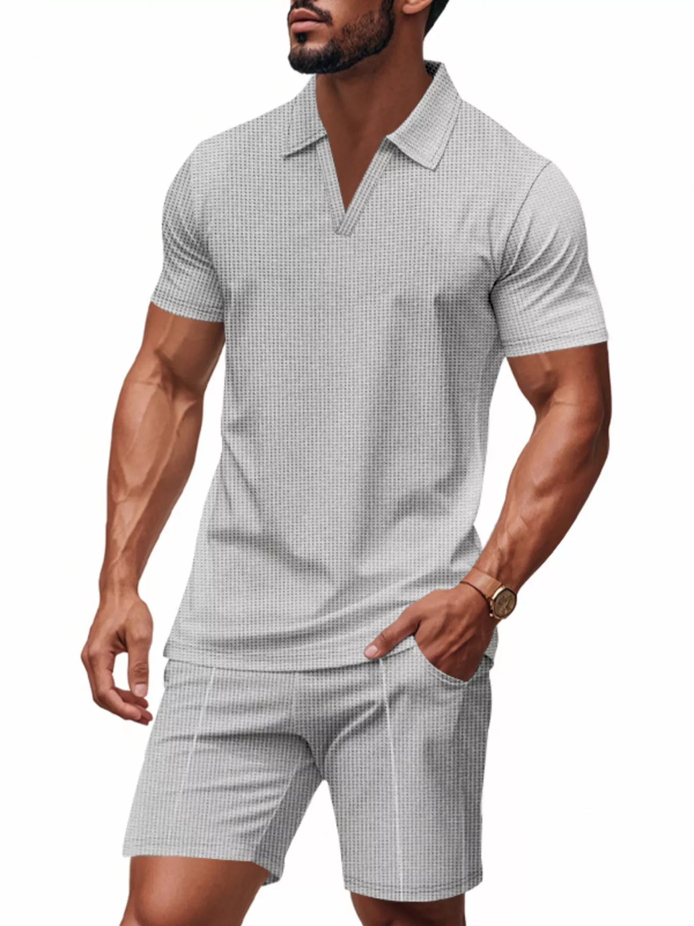 Men's Full Size Textured Short Sleeve Polo and Shorts Set Plus Size - Tigbul's Variety Fashion Shop