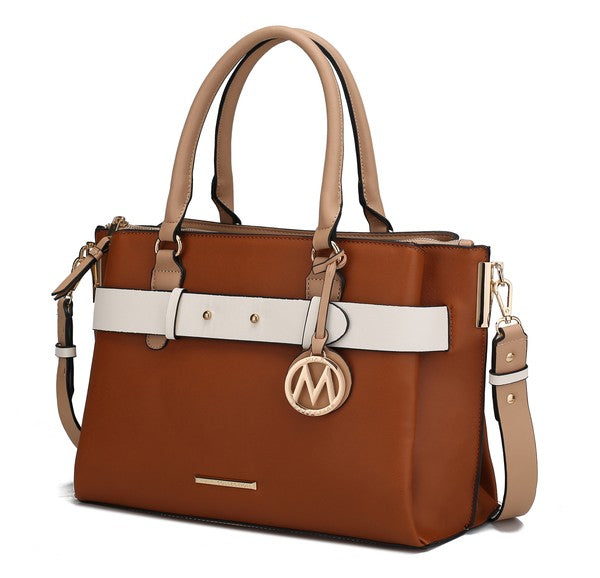 Coffee brown Jamie satchel with white front strap and gold-tone M logo charm, one size