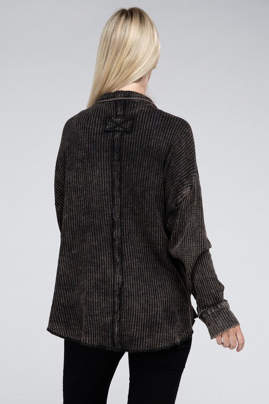 Ash Black Acid Wash Oversized Cotton Waffle Shirt - Tigbul's Variety Fashion Shop