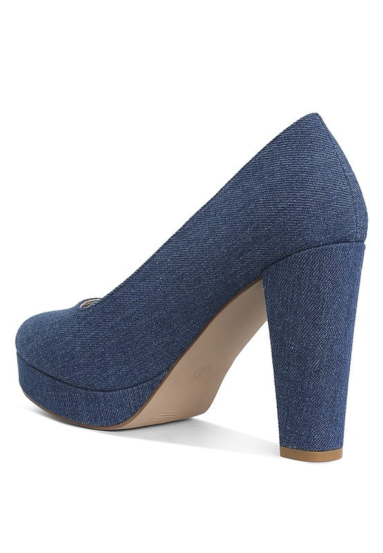 Kostur Blue Denim Block 4" Heel Platform Pumps | Tigbuls