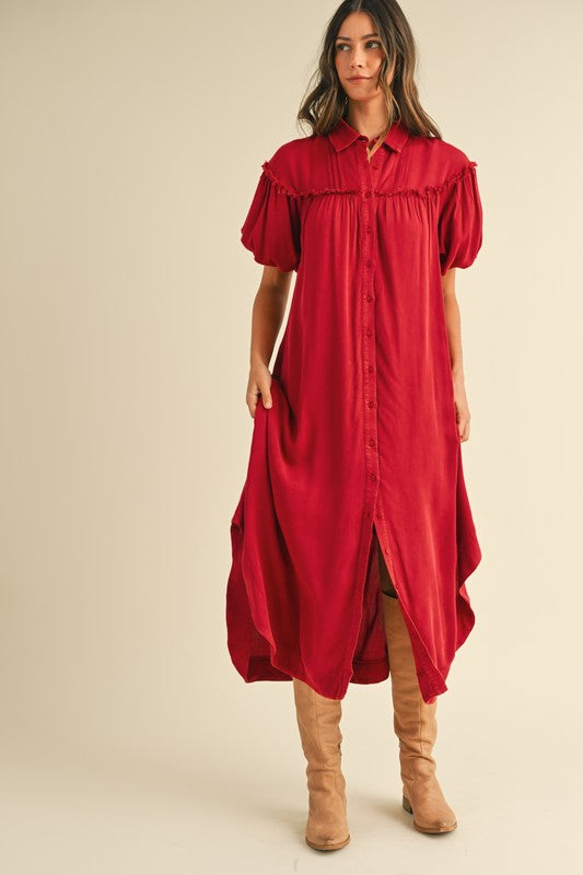 Deep Red Mineral Washed Button Down Puff Sleeve Shirt Dress - Tigbul's Variety Fashion Shop
