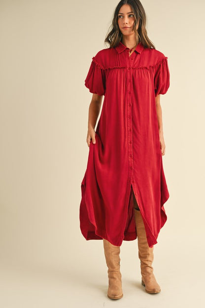 Deep Red Mineral Washed Button Down Puff Sleeve Shirt Dress - Tigbul's Variety Fashion Shop