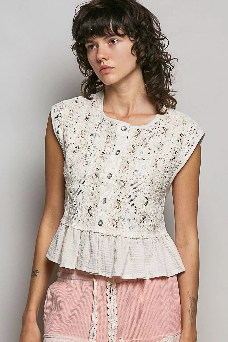 POL Round Neck Lace Sleeveless Top with Double Gauze Ruffle | Tigbuls