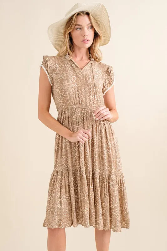 Boho Printed Tiered Taupe Maxi Dress - Tigbul's Variety Fashion Shop
