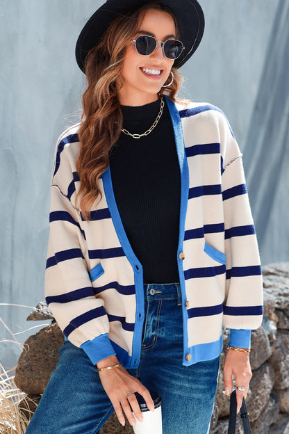 Striped Button Up Long Sleeve Cardigan - Tigbul's Variety Fashion Shop